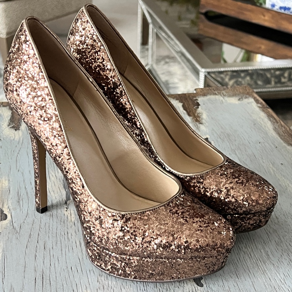 Nine West Rose Gold Glitter Platform Pumps
